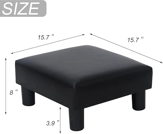Joveco Small Footstool Ottoman, PU Leather Square Upholstered Footrest with Plastic Legs, Under Desk Foot Stools for Living Room Bedroom Office, Black-Ruum Studio Home
