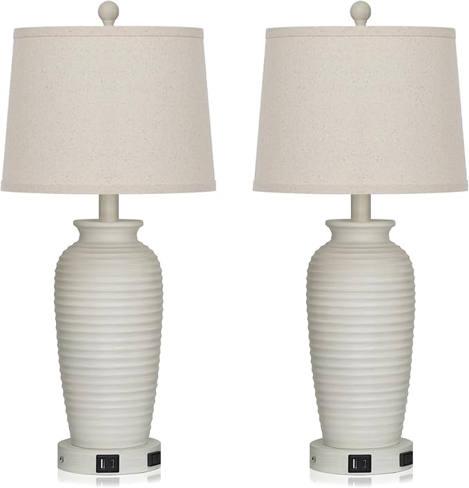 25" Farmhouse Jar Table Lamps Set of 2,Rustic Cream Pot Table Lamp for Bedroom, Living Room,3 Way Touch Control Rustic Bedside Lamps with USB A+C Ports & AC Outlet(LED Bulbs Included)-Ruum Studio Home