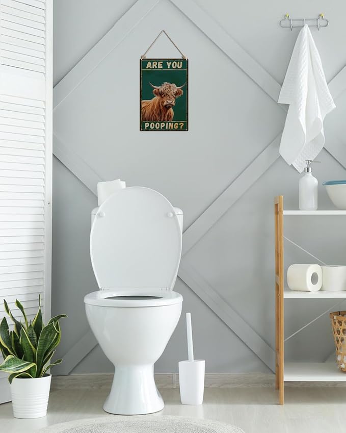 ALKB Funny Highland Cow Are You Pooping Metal Signs Vintage Farmhouse Bathroom Wall Decor Highland Cow Lovers Gift 8 x 12 Inch-Ruum Studio Home