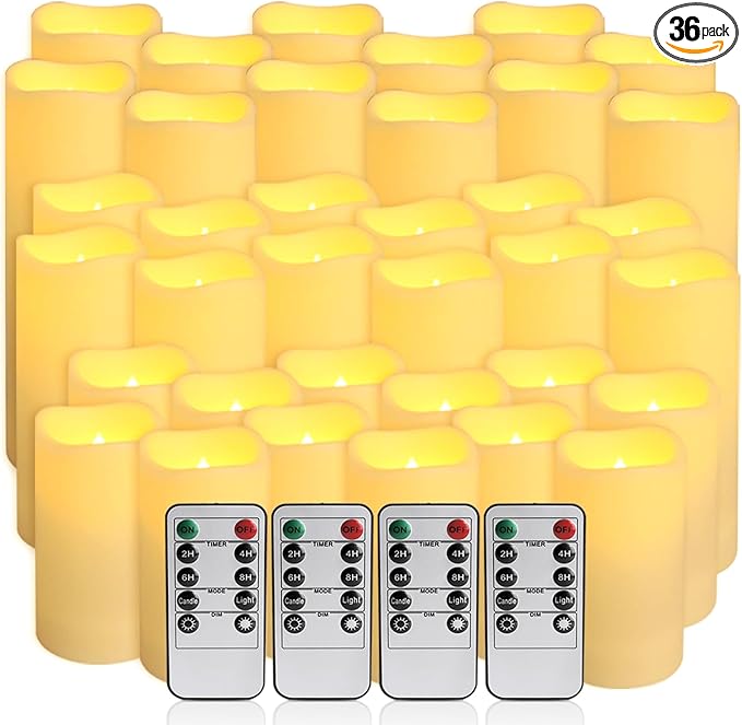 36-Pack Flickering Flameless Candles with Remote Control - LED Fake Candle Perfect for Wedding,Outdoor,Table,Halloween,Christmas Decor - Create a Magical Ambiance Effortlessly(Three Sizes)-Ruum Studio Home