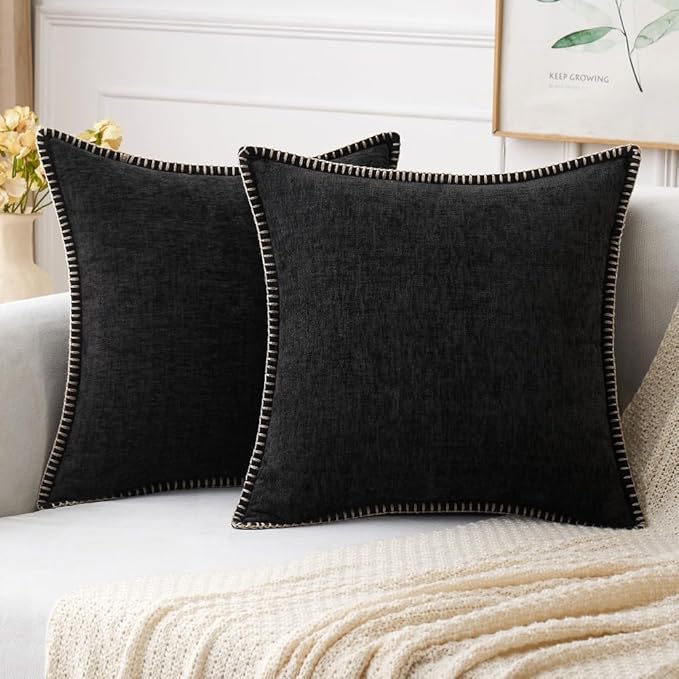 MIULEE Pack of 2 Couch Throw Pillow Covers 18x18 Inch Black Farmhouse Decorative Pillow Covers with Stitched Edge Soft Chenille Solid Dyed Spring Pillow Covers for Sofa Bed Living Room-Ruum Studio Home