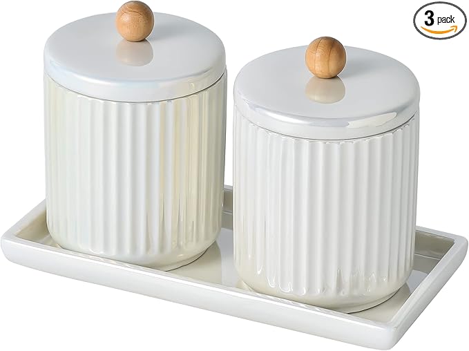 Ceramic Bathroom Canister Set with Coordinating Small Vanity Tray Qtip Holder Dispenser for Cotton Ball,Swab,Pads, Floss, Bathroom Storage Jars with Lids Pearl White-Ruum Studio Home