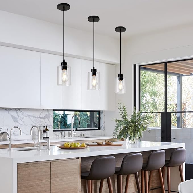 Modern Black Farmhouse Clear Glass Cylinder Pendant Light Fixture,Mini Pendant Lighting for Kitchen Island Decor - 4.75 Inch Shade, 2-58 Inch Cord (Black 3 Pack)-Ruum Studio Home