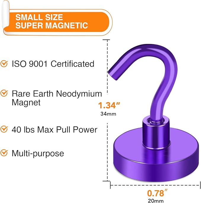 MIKEDE Magnetic Hooks, 40Lbs+ Heavy Duty Magnet Hooks for Cruise Cabins, Super Neodymium Hanging Hooks Strong Magnets with Hook for Fridge, Magnetic Hanger for Grill, Toolbox, Storage(Purple, 10 Pack)-Ruum Studio Home