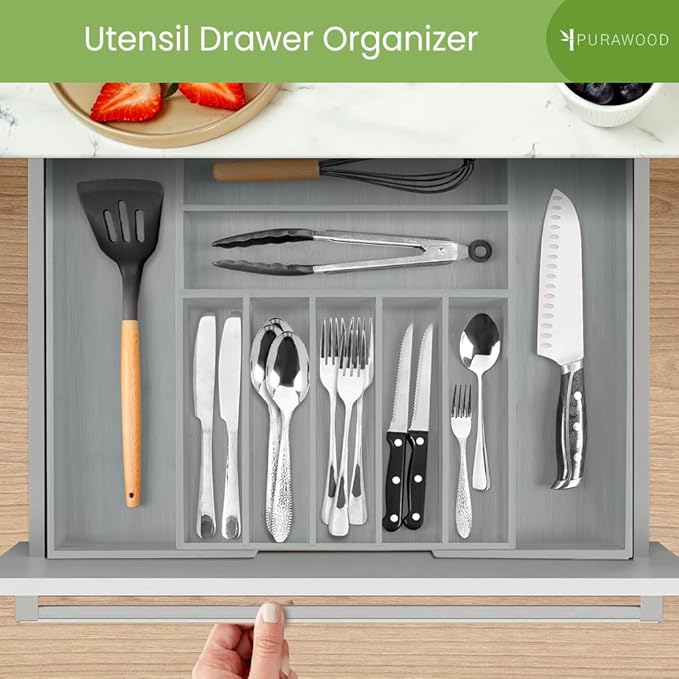 Purawood Bamboo Drawer Organizer - Expandable Silverware Organizer & Utensil Organizer, Cutlery Tray with Dividers, 7-9 Slots - Premium Kitchen Drawer Organizer for Utensils & Flatware (Grey)-Ruum Studio Home
