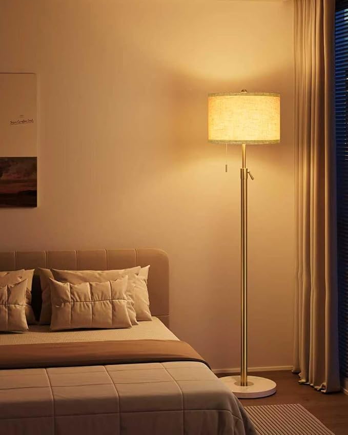 Modern Gold Floor Lamp for Living Room - Adjustable Height Standing Lamp with Marble Base & Linen Shade, 3-Way Dimmable Tall Floor Light for Bedroom, Reading, Bulb Included-Ruum Studio Home
