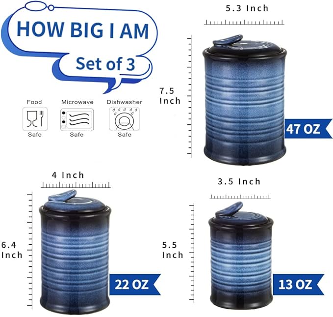 Nihow Food Storage Jar Sets: Ceramic Container with Air Tight Lid for Flour/Sugar/Rice/Coffee/Cookies/Candy - Seal Damp-proof Canister for The Kitchen - Set of 3 （Blue & Black）-Ruum Studio Home
