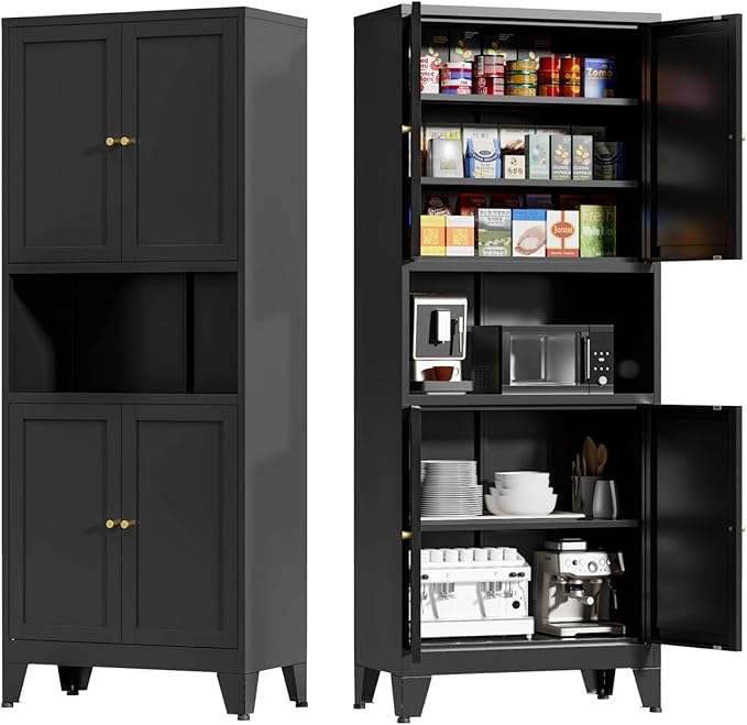 69" Tall Kitchen Pantry Cabinet, Metal Storage Cabinet with 4 Doors and Adjustbale Shelves, Freestanding Cupboards for Dining Room, Living Room, Bathroom-Ruum Studio Home