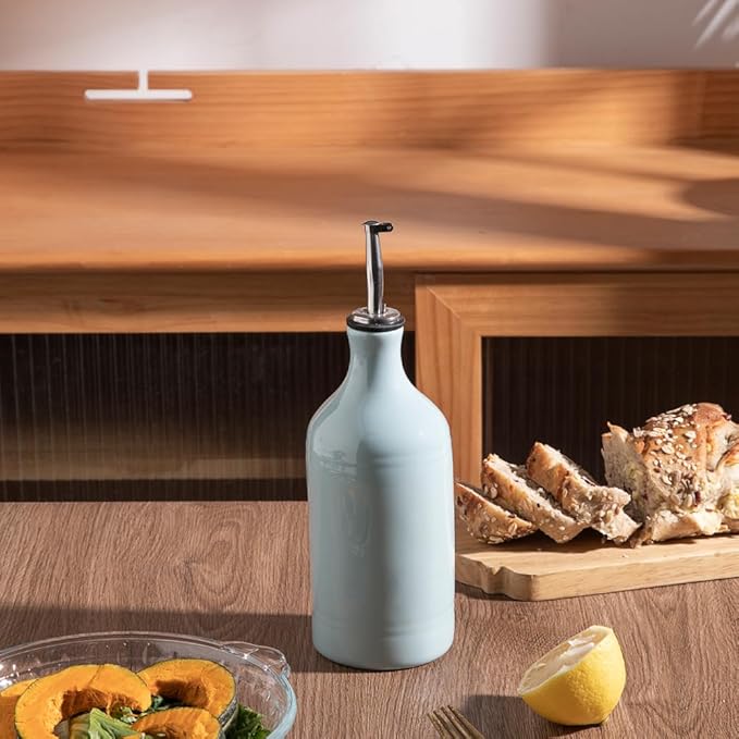 Sweejar Ceramic Olive Oil Dispenser Bottle, Opaque Oil Cruet Protects Oil to Reduce Oxidation, Suitable for Storage Oil, Vinegar, Coffee Syrups & Other Liquids, Pack of 1, 15.5 Fl Oz (Light Blue)-Ruum Studio Home