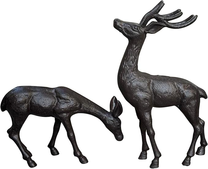 Elegant Pair of Cast Iron Deer Sculptures -22" and 11.4" Tall Male and Female Set for Outdoor Garden Decor, Realistic Animal Statues HC3672-5691-Ruum Studio Home