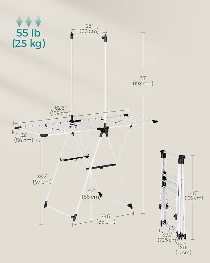 SONGMICS Clothes Drying Rack, Foldable 2-Level Laundry Drying Rack, Free-Standing Airer, 1 Additional Tall Hanging Bar, 2 Height-Adjustable Wings, 24 Drying Rails, Space Savng, Simply White ULLR521W01-Ruum Studio Home