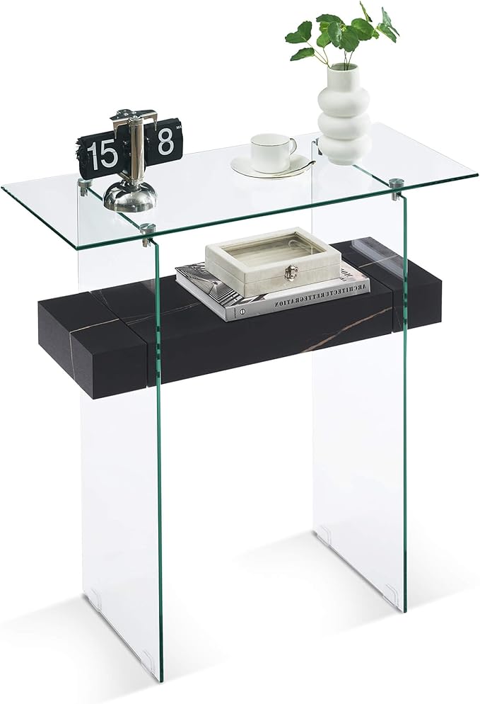 ivinta Glass Console Table with Storage, 31.5'' Modern Narrow Sofa Table for Small Space with Natural Wood Shelves for Living Room, Hallway, Foyer, Bedroom 5103 (Black)-Ruum Studio Home