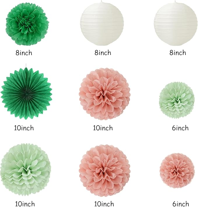 Sage-Green Pink Birthday Party-Decorations Paper-Flowers - 14pcs Happy Banner Spring Lanterns Tissue Pom Poms,Boho Streamers Garland Fans,Neutral Rustic Garden Office Hanging Supplies Decor Hugfond-Ruum Studio Home