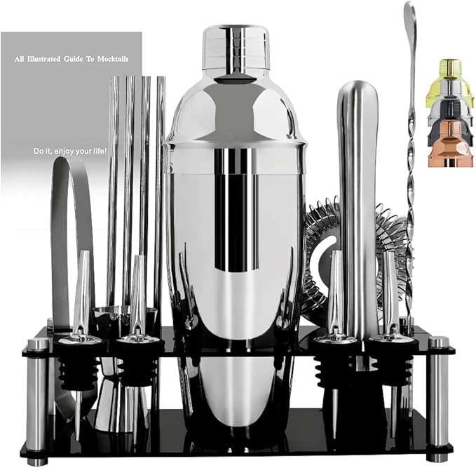 14-Piece Cocktail Shaker Set Bartender Kit with Black Stand, Bar Tool Set for Drink Mixing Bartending Kit Bar Sets Accessories: 750ml(25oz) Shaker, Jigger, Muddler, Cocktail Recipes (Silver)-Ruum Studio Home