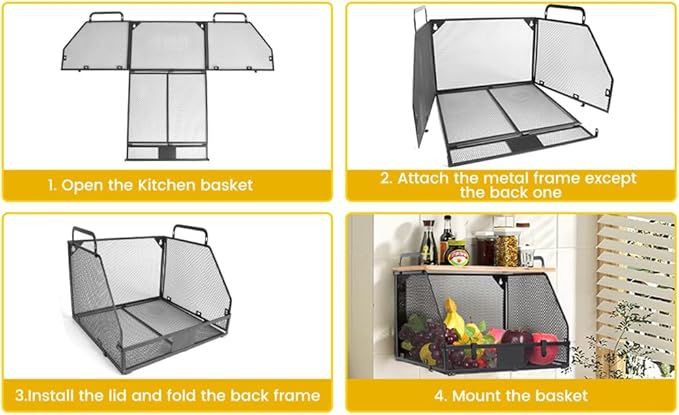 1 SET Large fruit basket for kitchen counter-stackable basket with Bamboo Tops & Tag,hanging wall baske,for Cabinet Shelf Countertop pantry storaget, onion potato Vegs Bread Food Organizing Bin,BLACK-Ruum Studio Home