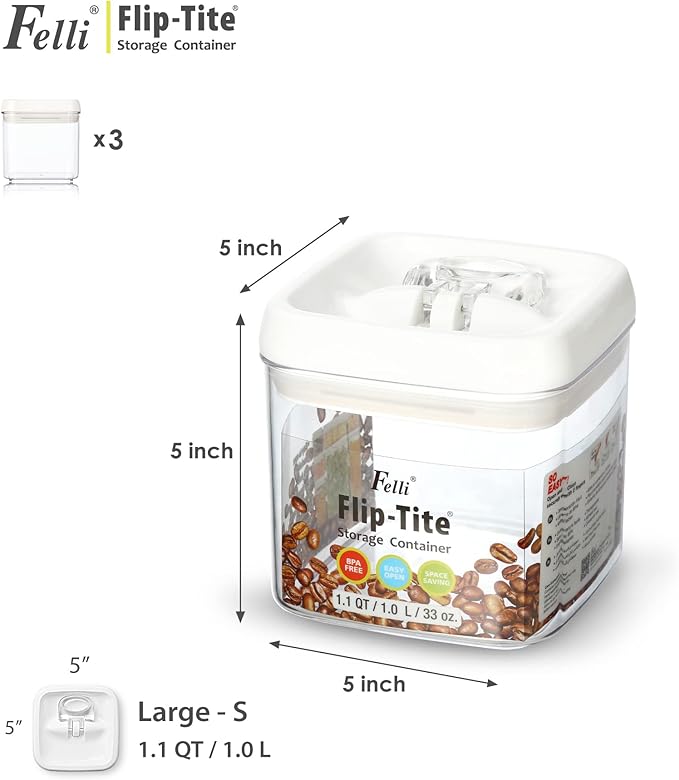 Felli Flip Tite Food Storage Container 5" LARGE Size Airtight Lid Lock Top, Stackable Kitchen Canister for Space Saving, Pantry Fridge Cupboard Organizer, Spice Seasoning Pet Treats Snack (1.1 qt)-Ruum Studio Home