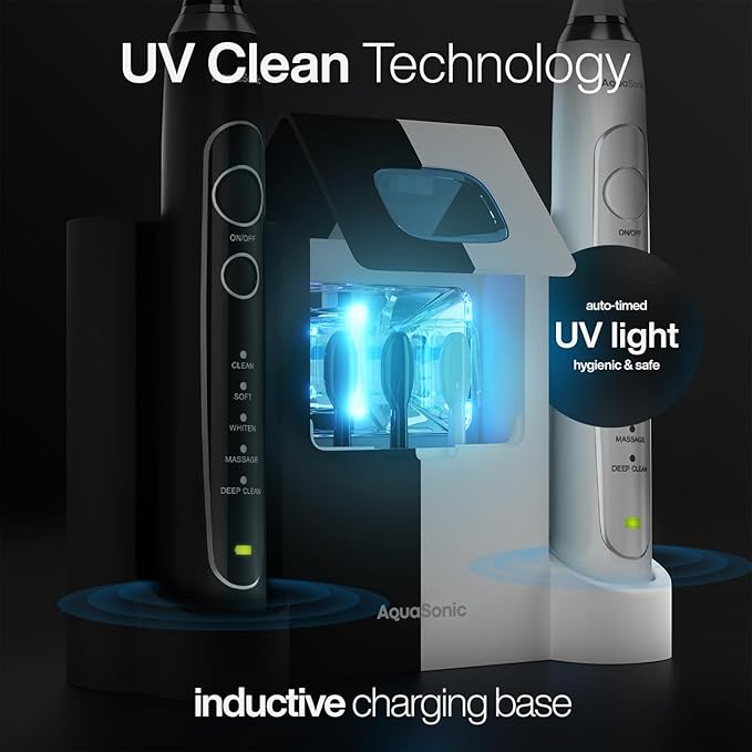 Aquasonic Duo PRO – Ultra Whitening 40,000 VPM Electric ToothBrushes – ADA Accepted - 5 Modes with Smart Timers - UV Sanitizing & Wireless Charging Base - 10 Proflex Brush Heads & 2 Travel Cases-Ruum Studio Home