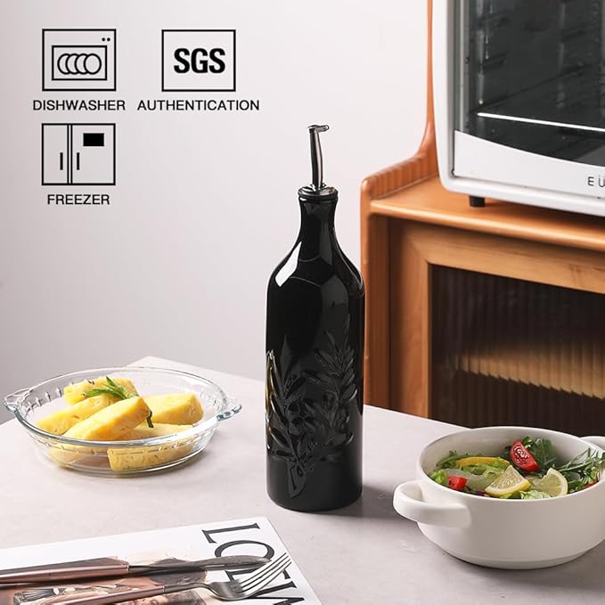 Sweejar Large Ceramic Olive Oil Dispenser Bottle, 24 Oz Relief Opaque Oil Cruet Protects Oil To Reduce Oxidation, Storage Vinegar, Soy Sauce, Coffee Syrup, Liquids, Set of 1 (Black)-Ruum Studio Home
