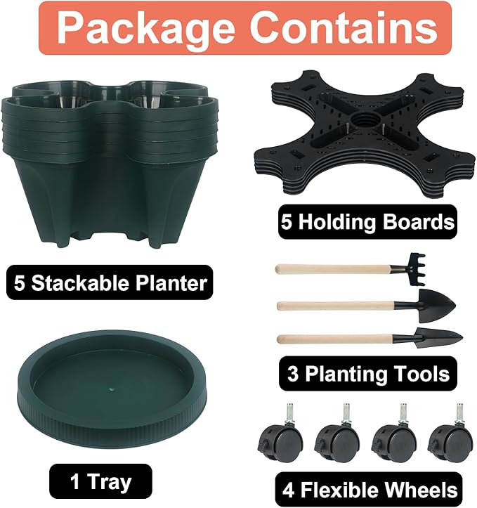 Vertical Planter 5 Tier Stackable Planters Garden Planters Strawberry Herb Flower and Vegetable Planter Indoor Outdoor Gardening Pots with Removable Wheels and Tools-Ruum Studio Home