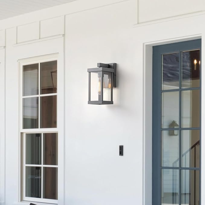 mirrea 11" Classic Outdoor Wall Sconce 1 Light in Matte Gray Rectangular Metal Frame and Clear Glass Shade Waterproof Porch Light Patio Light Pack of 2-Ruum Studio Home