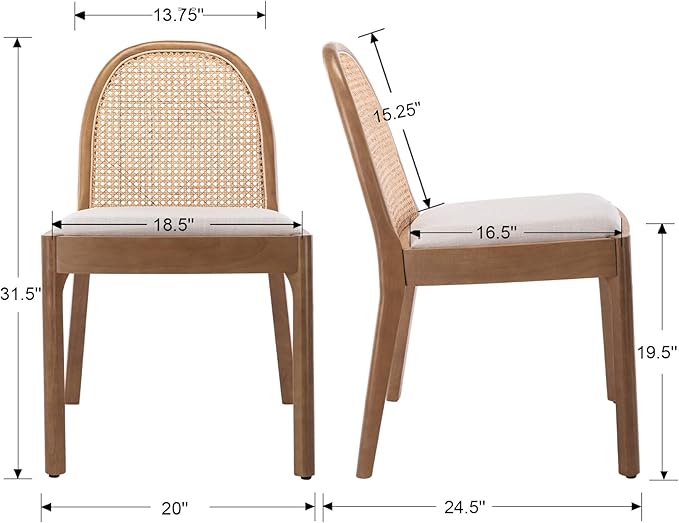 Mid Century Dining Chairs Set of 4, Accent Rattan Linen Fabric Side Chairs Kitchen Chair with Solid Wooden Legs for Living Room Dining Room, Beige-Ruum Studio Home
