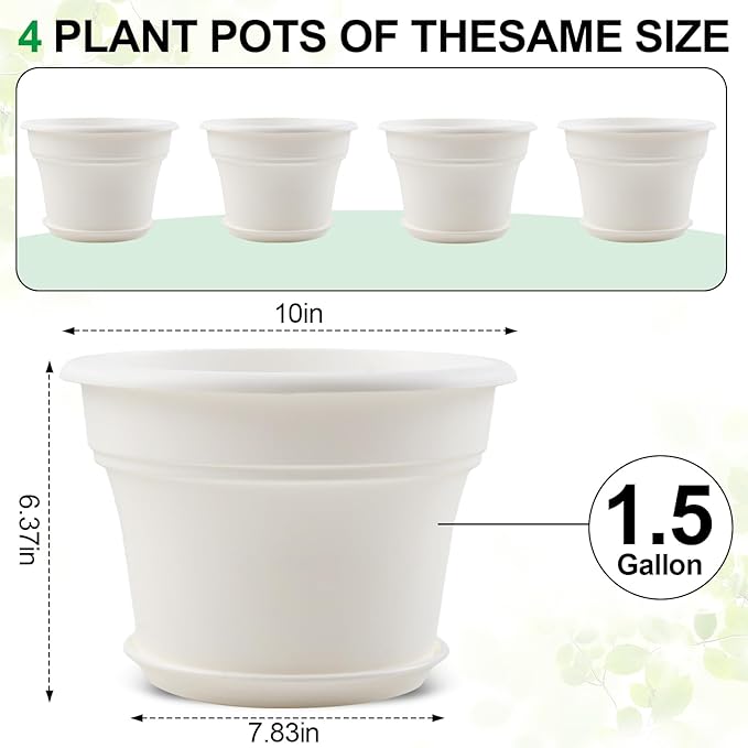 10 Inch Plastic-Flower-Pot-for-Indoor-Plants, 4 Pack Large Outdoor Planter Pot with Drainage Holes & Saucers, Resin Decorative Garden Pots Planters-Ruum Studio Home