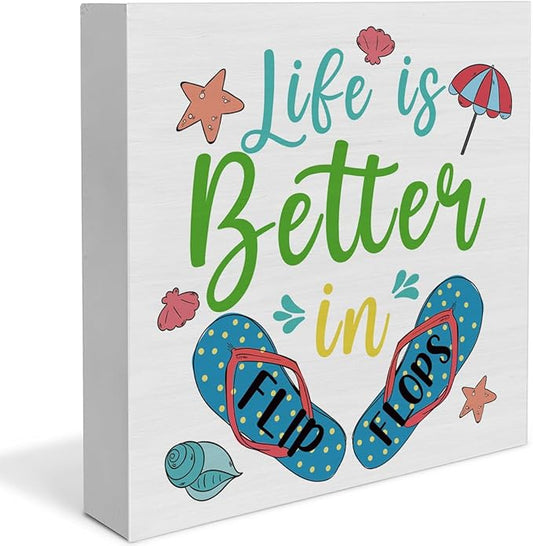 Summer Decor Beach Decorations Flip Flop Wooden Sign Rustic Home Decor 5 x 5 Inches-Ruum Studio Home