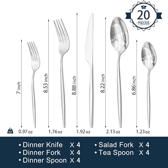 KINGSTONE Silverware Set, 20-Piece Flatware Set Cutlery Set Premium 18/10 Stainless Steel, Tableware Include Forks Knives Spoons for Home Kitchen Restaurant Wedding, Dishwasher Safe-Ruum Studio Home