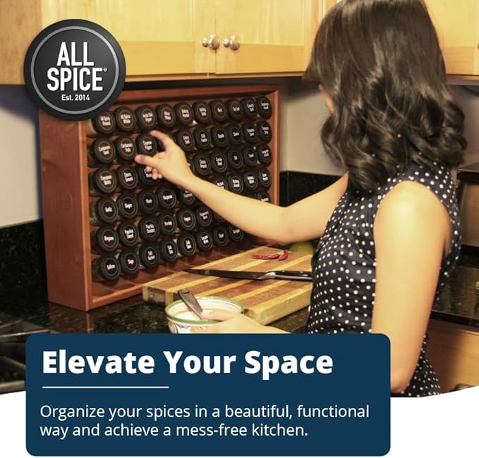 AllSpice Spice Rack Organizer, Wood, 525 Unique Labels, Countertop or Wall Mount, Includes 30 4oz Jars- Cherry Stain-Ruum Studio Home