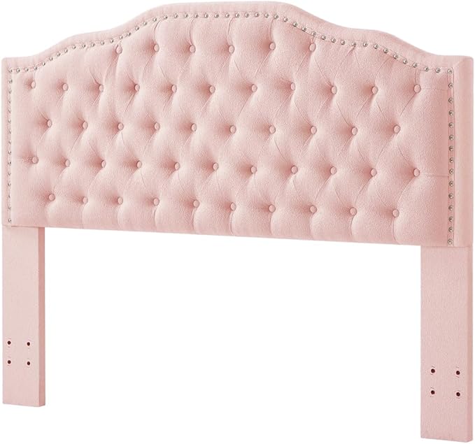 24KF Upholstered Button Tufted Queen Headboard with Nailhead Trim, Elegant Boucle Fabric Full headboard, 6031-Q-Boucle-Pink-Ruum Studio Home