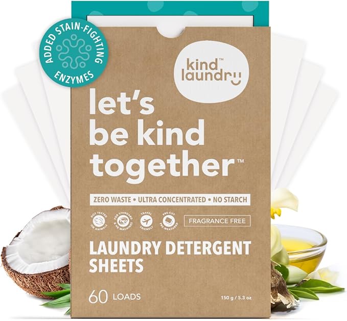 Kind Laundry Detergent Sheets with Stain-Fighting Enzymes - Plant Powered Eco-Friendly Laundry Soap Sheets - Home or Travel Laundry Detergent Fragrance Free, 60 Loads (Mom's Choice Award Winner)-Ruum Studio Home