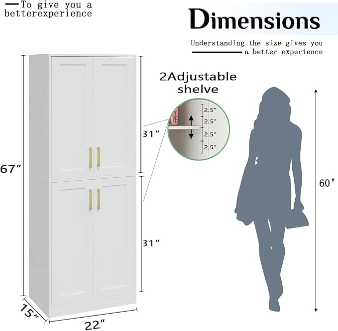 Storage Cabinet, Kitchen Pantry with Doors & Shelf, Tall Storage Cabinet for Bathroom, Living Room, Entryway,White-Ruum Studio Home