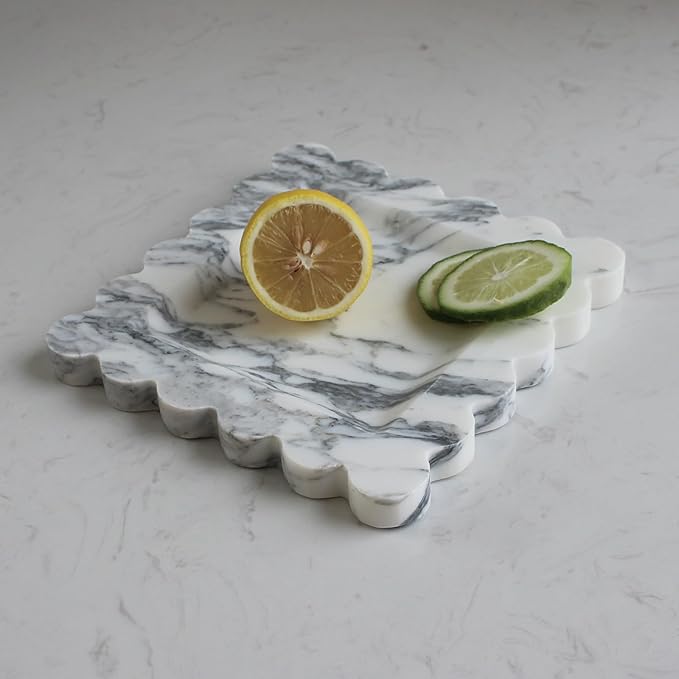 Natural Luxury Marble Tray with Scalloped Edge, Handmade Square Decorative Tray, Catch All Tray for Counter, Dresser, Nightstand and Home Décor (Arabescato Calacatta)-Ruum Studio Home