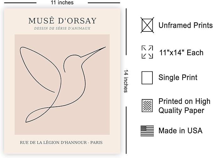 Poster Master Vintage Poster - Retro One Line Hummingbird Drawing Print - Bird Line Art - Minimal Gift for Him, Her, Animal Lover - Abstract Decor for Home, Office - 11x14 UNFRAMED Wall Art-Ruum Studio Home