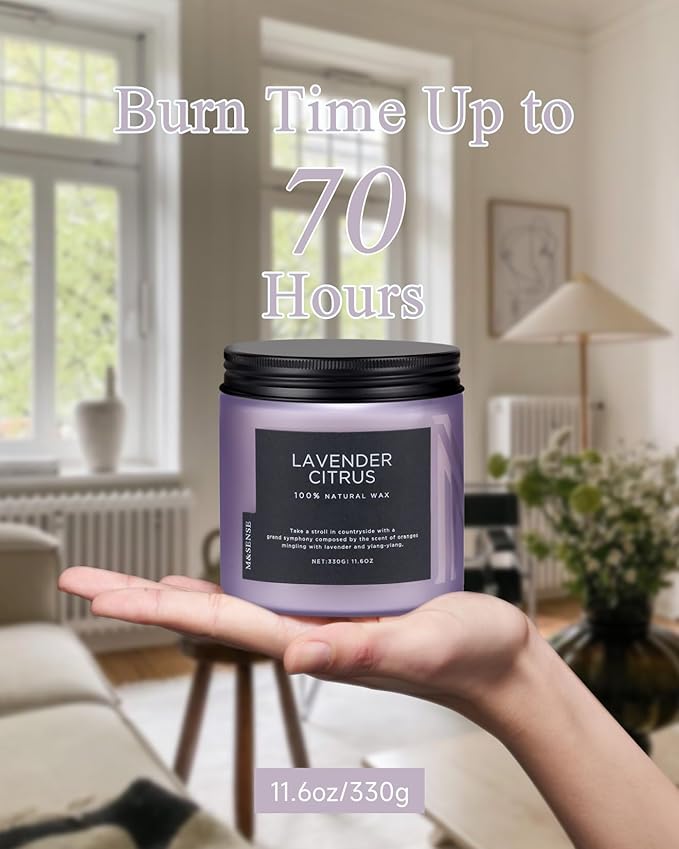 M&SENSE Soy Candles for Home Scented, 11.6oz Lavender Citrus Scent Aromatherapy 70H Burn Time, Stress Relief Gifts for Mom Girlfriend Teacher, Medium Jar Candle for Spa, Bath, Yoga-Ruum Studio Home