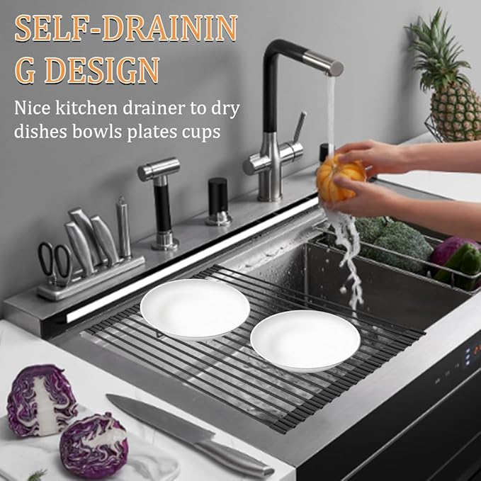 LEMIKKLE 20.5" x 13" Roll Up Dish Drying Rack Silicone Wrapped Over The Sink Dish Drying Rack Foldable Sink Drying Mat, Heat-Resistant & Anti-Rust Dish Rack for Kitchen Sink, Black-Ruum Studio Home