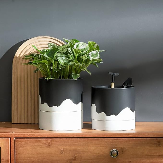 Nihow Ceramic Plant Pot: 6 Inch Planter with Drainage Hole & Saucer for Indoor & Outdoor Plants - Cylinder Round Flower Pot for Succulent/Herbs/Violets - Black & Wave White-Ruum Studio Home
