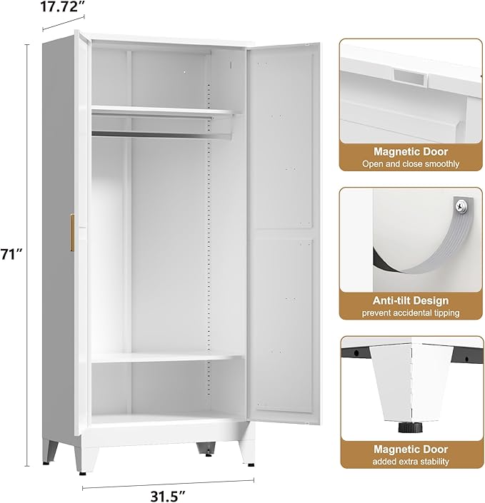 71'' Farmhouse Metal Wardrobe Cabinet with Hanging Rod, 2 Barn Door Wardrobe Closet with 2 Adjustable Shelves,for Dining Room,Bedroom,Living Room, Cloak Room,Office (White)-Ruum Studio Home