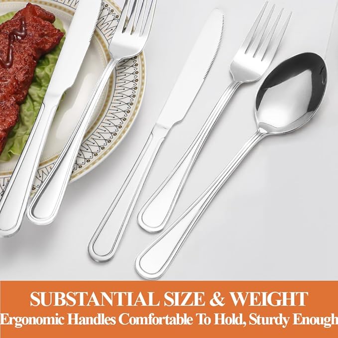40 Pcs Silverware Set for 8 with Simple Striped Handle Design, Food Grade Stainless Steel Flatware Set, Eating Utensils Sets Include Fork/Knife/Spoon, Reusable Cutlery Set, Dishwasher Safe-Ruum Studio Home
