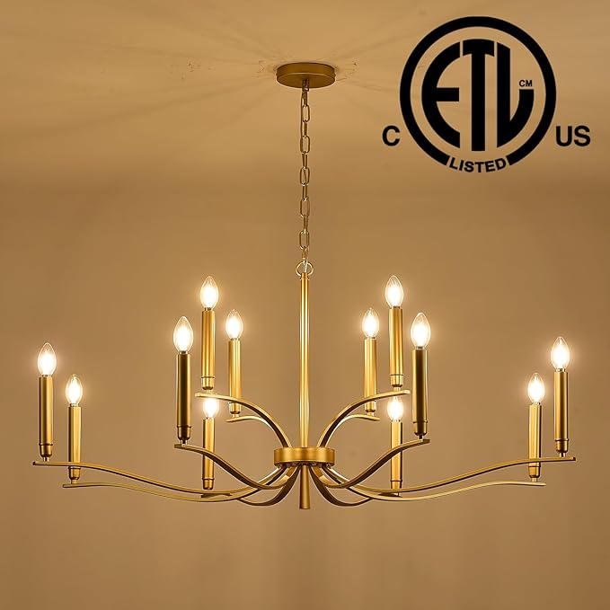 12 Light Gold Living Room Chandelier High Ceiling Foyer Candle Chandelier Large Modern Brass 44in Metal Chandeliers Hanging Light for Master Bedroom Dining Room Light Fixture Over Table-Ruum Studio Home