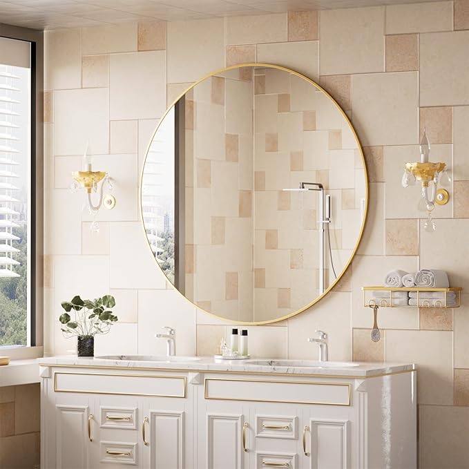 BEAUTYPEAK 42 Inch Round Mirror, Metal Frame Circle Mirror, Wall Mounted for Entryway, Bathroom, Vanity, Living Room, Gold-Ruum Studio Home