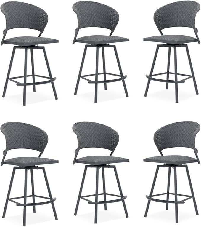 VICLLAX Patio Bar Stool Chairs with Footrests and Padded Seat, Bar Height Swivel Patio Chairs Set of 6, Woven Wicker Swivel Bar Stools for Lawn Garden, Grey-Ruum Studio Home