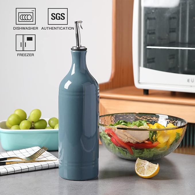 Sweejar Large Ceramic Olive Oil Dispenser Bottle, Opaque Oil Cruet Protects Oil to Reduce Oxidation, Suitable for Storage Oil, Vinegar, Soy Sauce & Other Liquids, Pack of 1, 24 Fl Oz (Fog Blue)-Ruum Studio Home