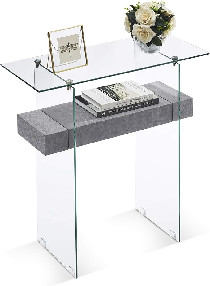 ivinta Narrow Glass Console Table with Storage, 31.5'' Modern Entryway Table with Storage Shelves for Living Room, Hallway, Foyer, Bedroom 5103 (Gray)-Ruum Studio Home