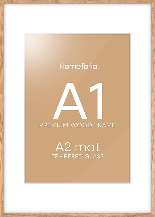 Homeforia A1 Poster Frame Natural Wood, High End Oak 23.4 x 33.1 Large Wooden Picture Frames Matted to 16.5 by 23.4 for Photo, A1 Size Light Wood Frames with Mat A2, Tempered Glass, Wall Kit, Set of 1-Ruum Studio Home