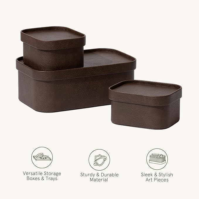 La Jolie Maison Vegan Leather Storage Boxes with Lids, Set of 3 Decorative Storage Containers Organize Stackable Storage Box, Mocha-Ruum Studio Home