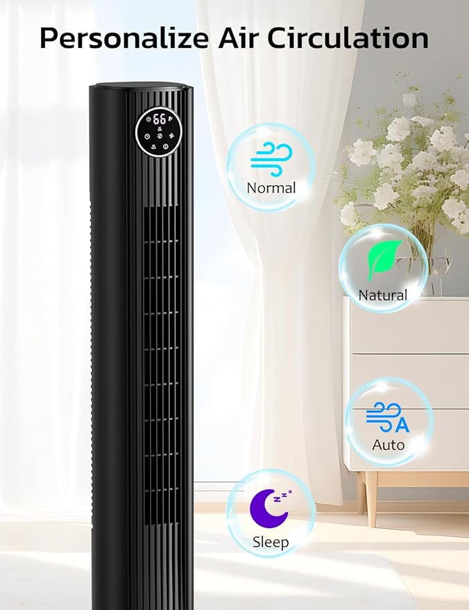 ZAFRO Tower Fan for Bedroom, 90° Oscillating Fan with 12H Timer, 37”Standing Fans with Remote, Bladeless Fan with 4 Modes & 3 Speeds, Black-Ruum Studio Home