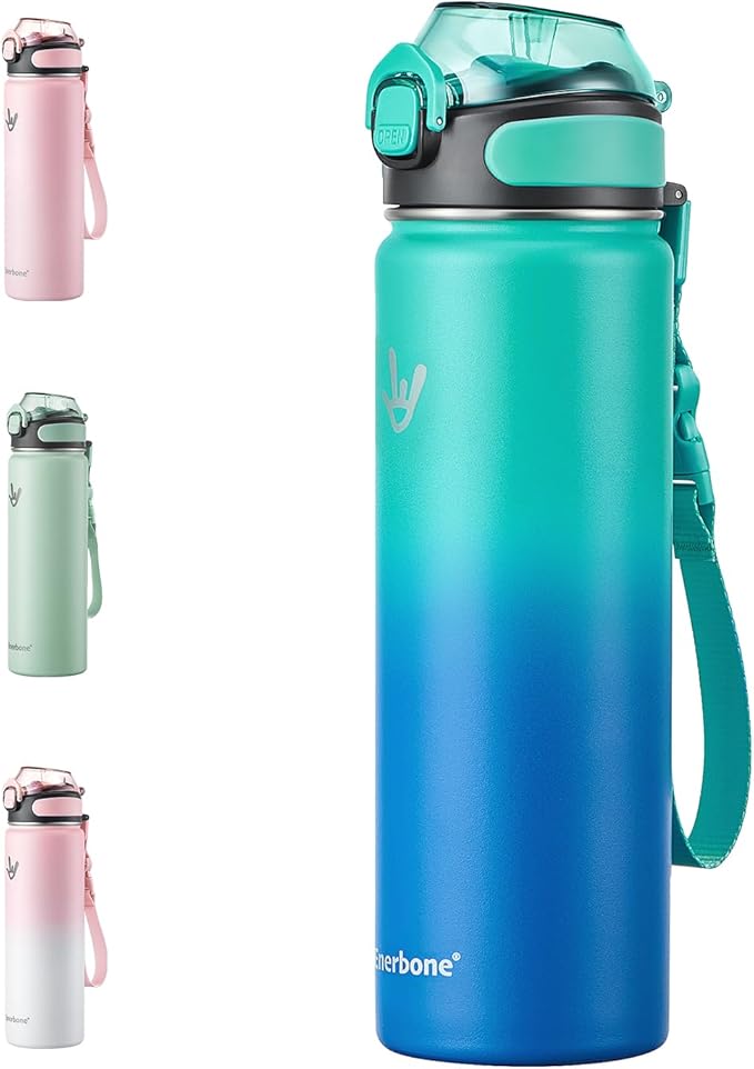 Enerbone 24 oz Insulated Water Bottle, Stainless Steel Bottle with Carrying Strap, Double-Wall Vacuum Insulation Design, Leakproof Sports Bottle with Straw, Keep Drinks Cold or Hot for Hours-Ruum Studio Home