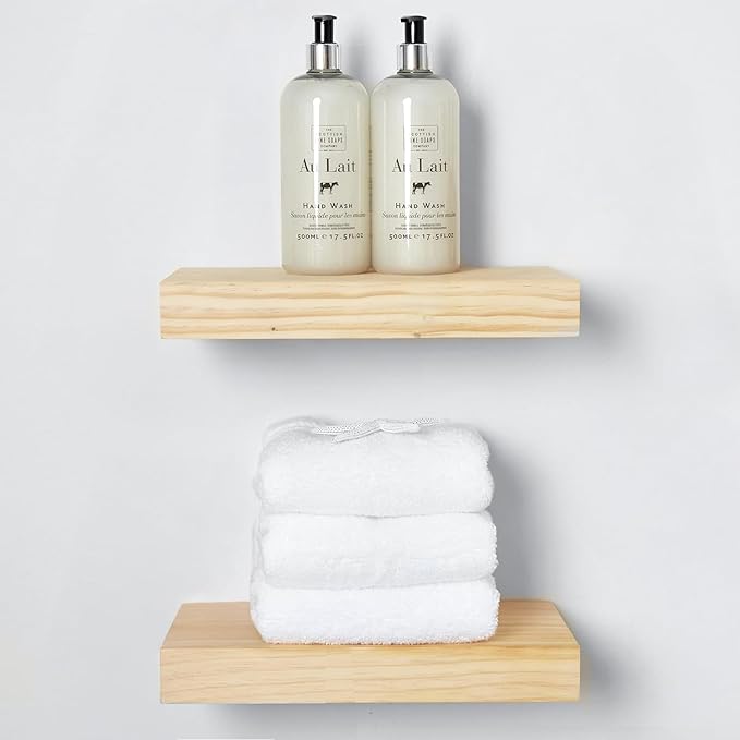 Homeforia Wood Floating Shelf 12 inch, High End Solid Natural Wood 12inch Floating Shelves for Wall Mounted, Unfinished Small Wooden Floating Shelves, Heavy Duty Bracket, 12 X 6.5 X 1.75 in, Set of 2-Ruum Studio Home