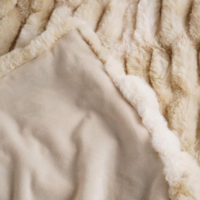 BATTILO HOME Ruched Luxury Faux Fur Throw Blanket Beige Tie-dye Rabbit Fur Blanket for Couch, Living Room, Fuzzy, Soft, Plush, Cozy, Elegant with Reversible Mink Blanket Beige, 60"x80"-Ruum Studio Home